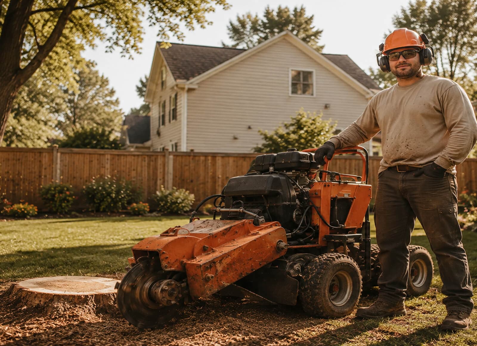 A stump removal pro in helmet and ear protection standing beside his grinder next to a freshly cut stump in a fenced backyard