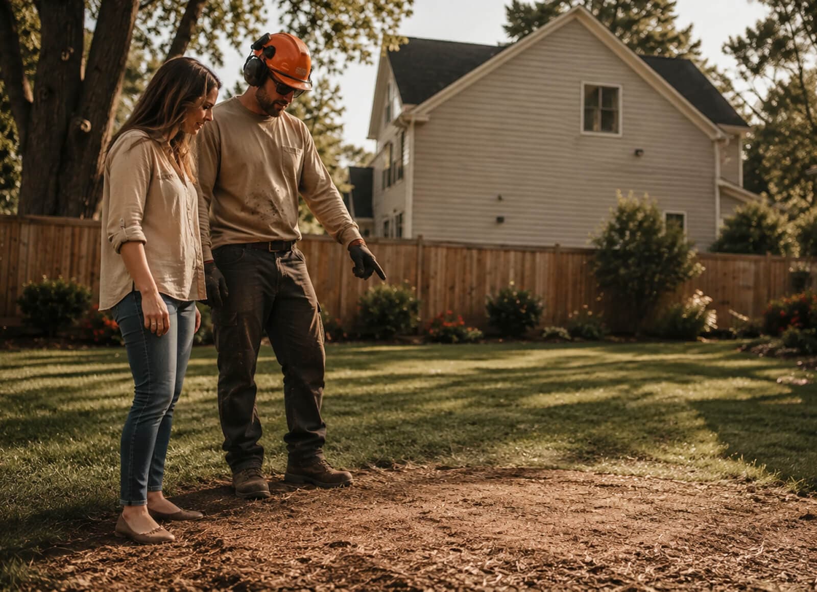 A homeowner and a helmeted stump removal pro standing on a freshly ground stump area covered in wood chips in a fenced backyard