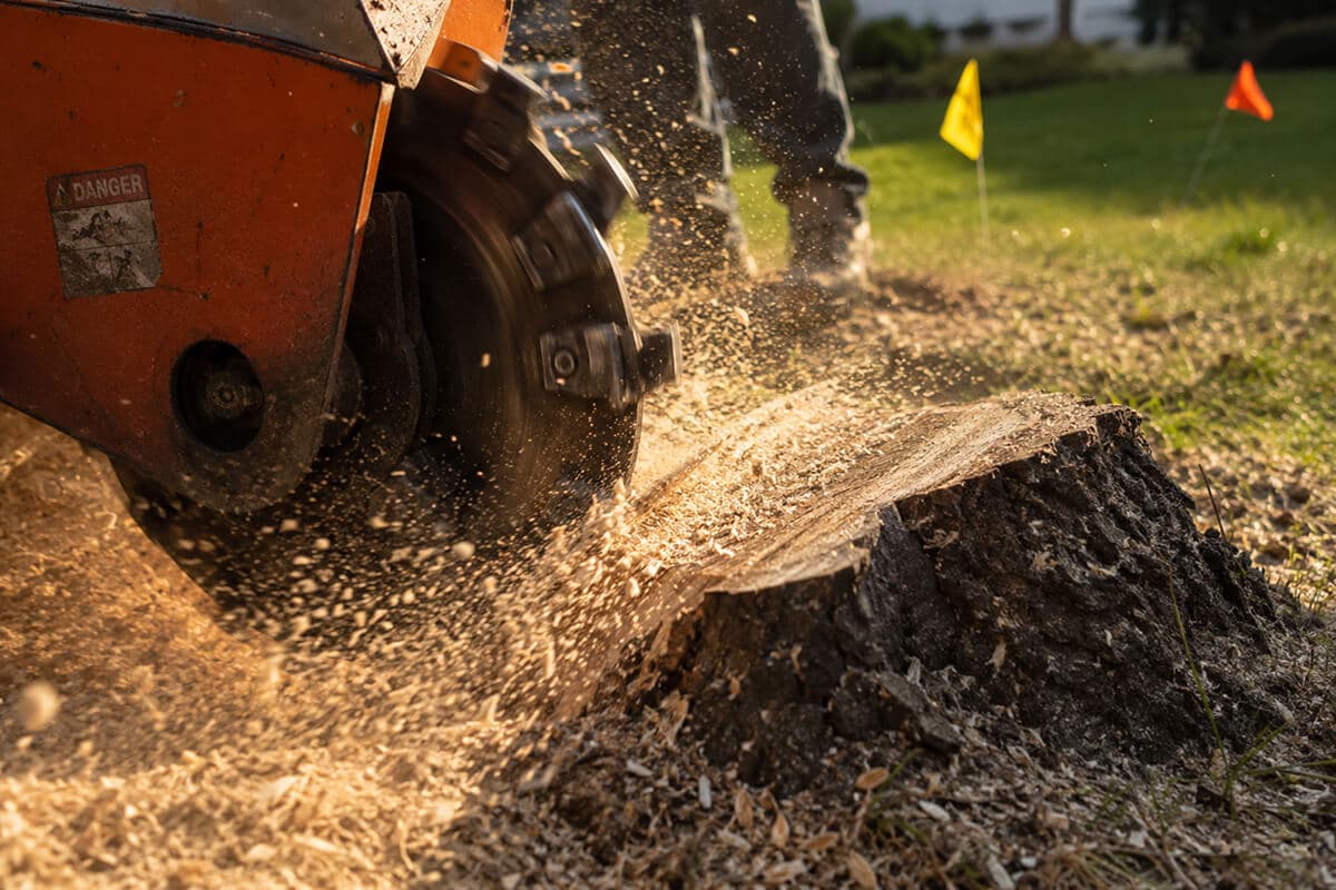 Stump grinder wheel cutting into a stump at ground level, wood chips flying, utility marking flags in the lawn behind