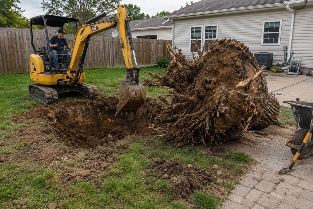 Mini excavator lifting a full root ball out of a backyard next to the open hole