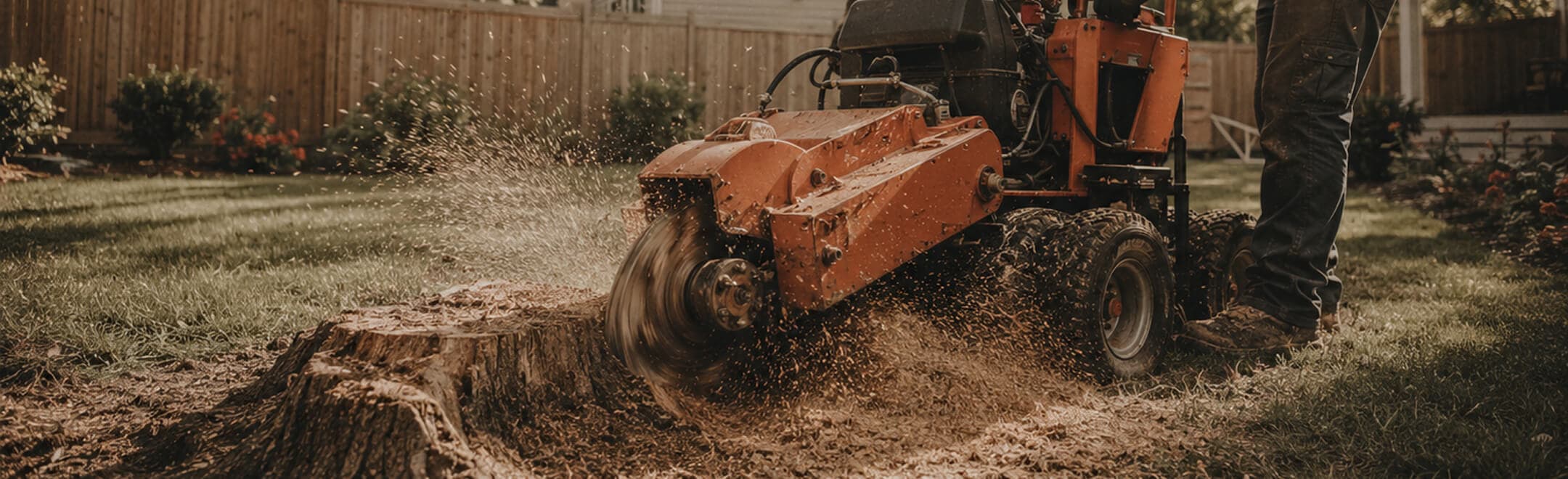 Stump grinder cutting a tree stump below grade in a fenced suburban backyard, wood chips flying